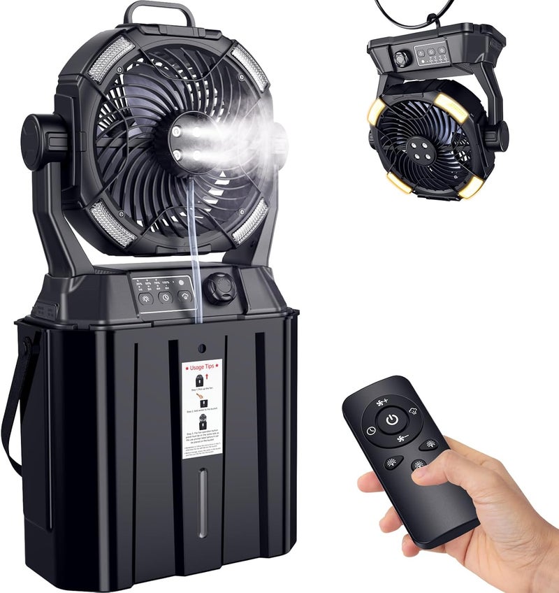 MAGTHIC Misting Fan Portable for Outside Patios- 20000mAh Rechargeable Battery Powered fan, 3 LED Light Modes & Stepless Speed Control Camping Fan with 6L Bucket, Remote Control - Image 1